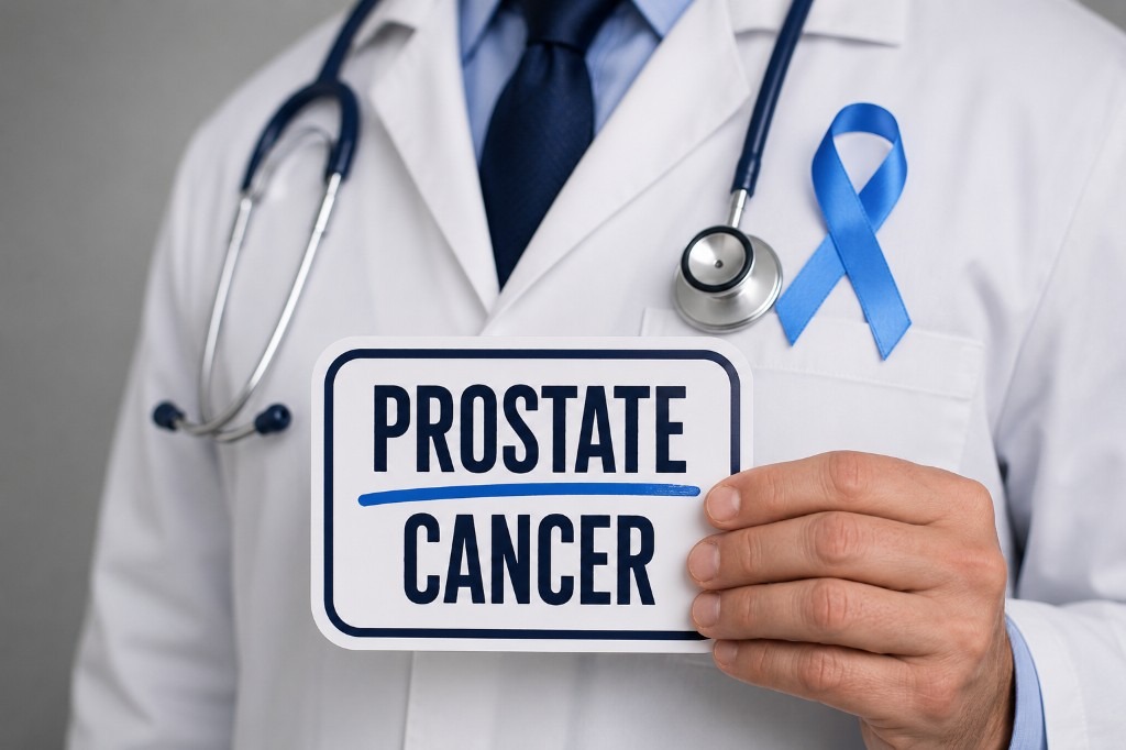 Doctor holding a Prostate Cancer awareness sign with a blue ribbon
